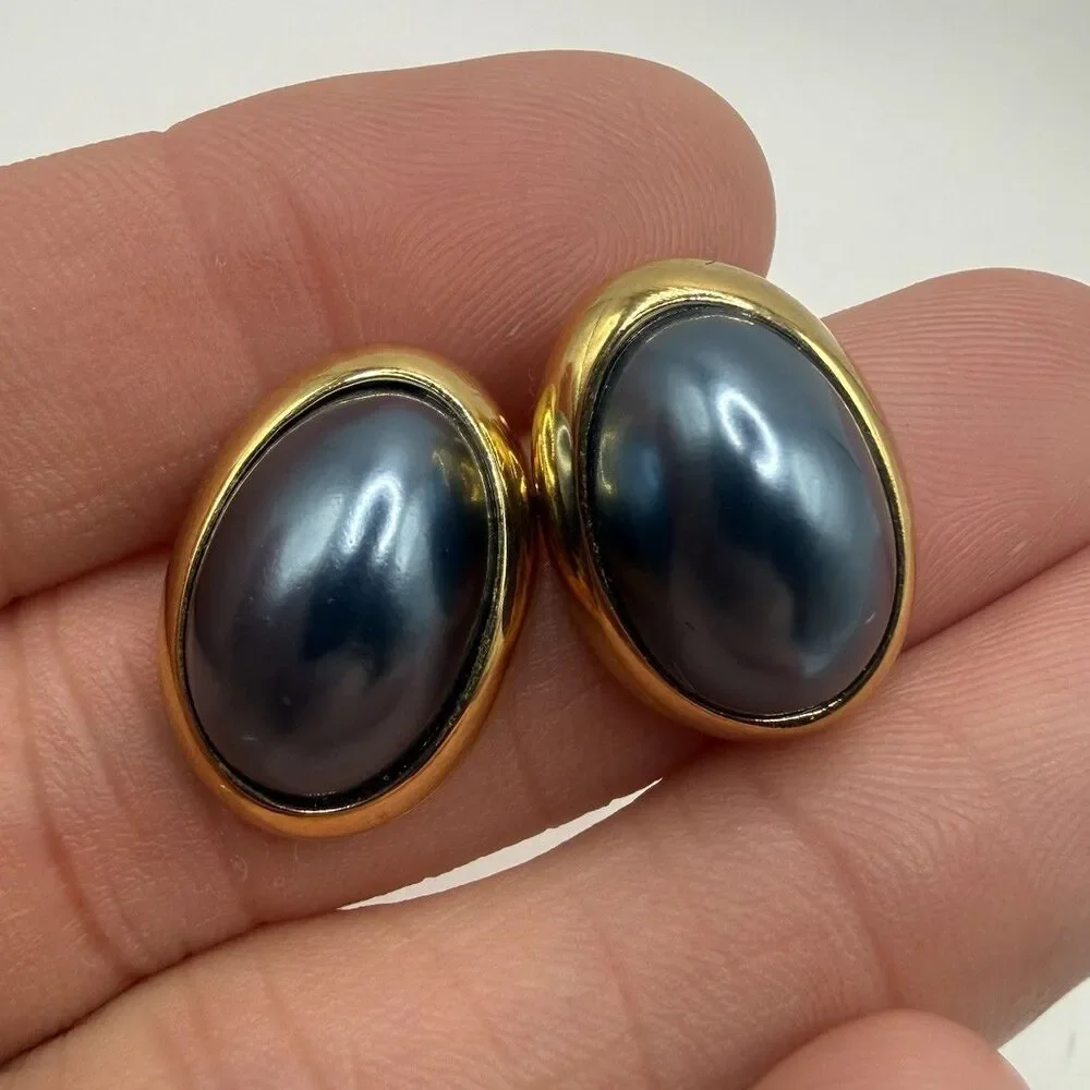 Vintage Richelieu Blue Gray Faux Pearl Domed Gold Tone Stud Retro Earrings Sign